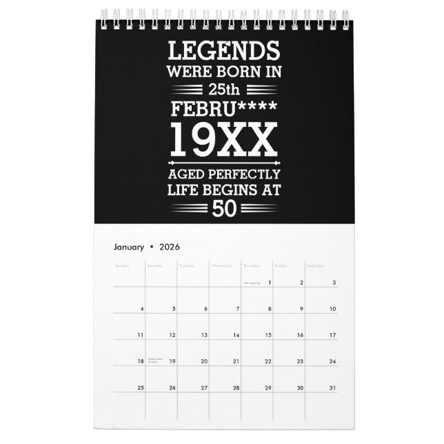 Calendrier Les légendes personnalisées sont nées à la date Mo (Jan 2026)
