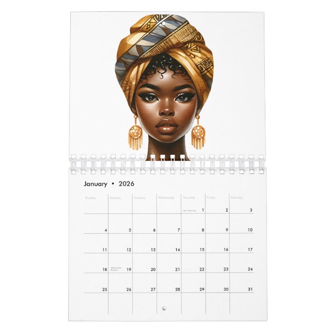Calendrier Melanin de la reine noire sista peau brune filles (Jan 2026)