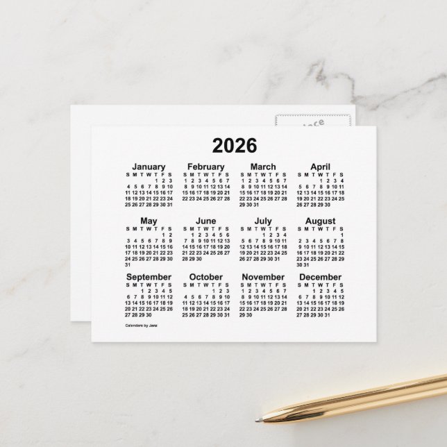 Calendrier mini blanc 2026 par Janz Carte postale (Devant/Arrière en situation)