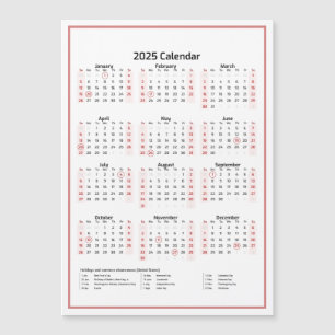 Calendrier minimaliste 2025 Carte magnétique rose