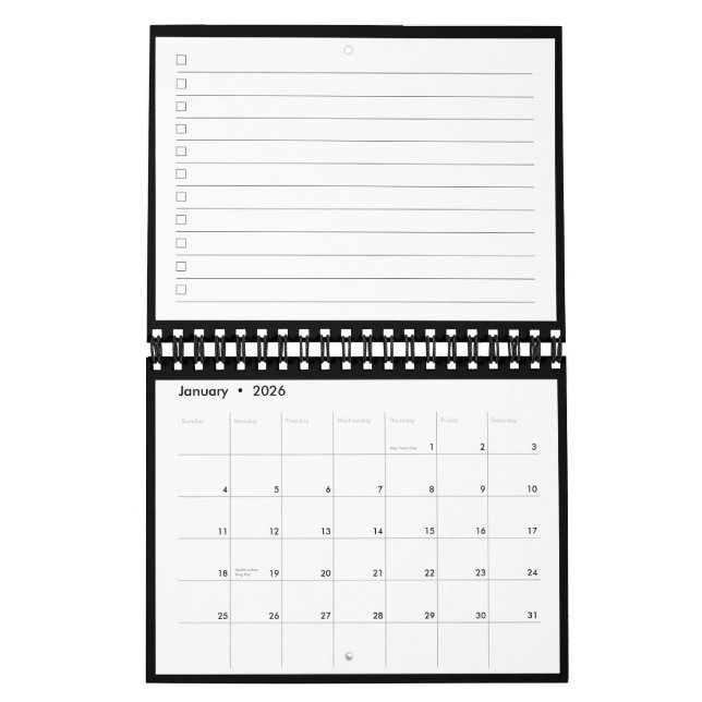 Calendrier Modern Black White Monogram Name To Do List (Jan 2026)