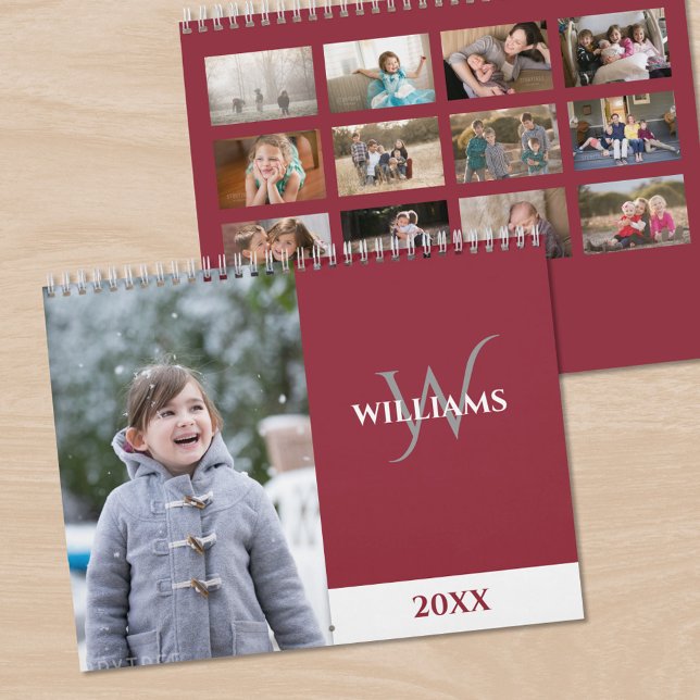 Calendrier Modern Monogram Burgundy Red Photo (Modern Monogram Burgundy Red Photo Calendar, front/back)