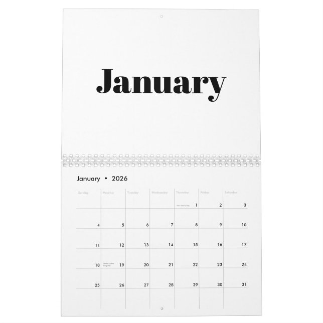 Calendrier Mois de typographie moderne blanc noir gras 2024 (Jan 2026)