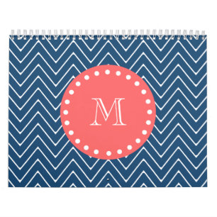 Calendrier Monogramme de corail du motif de Chevron de bleu