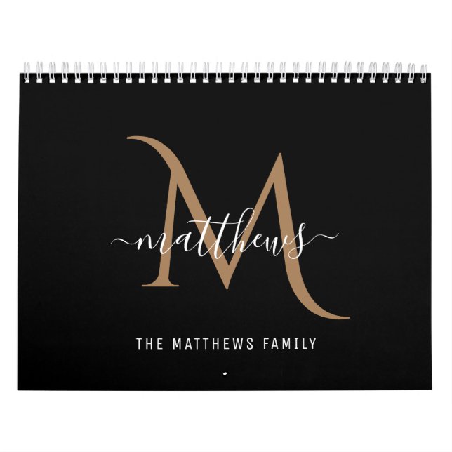 Calendrier Monogramme photo Black Gold moderne et élégant (Protection)