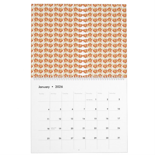 Calendrier motif orange et blanc sur arrière - plan blanc (Jan 2026)