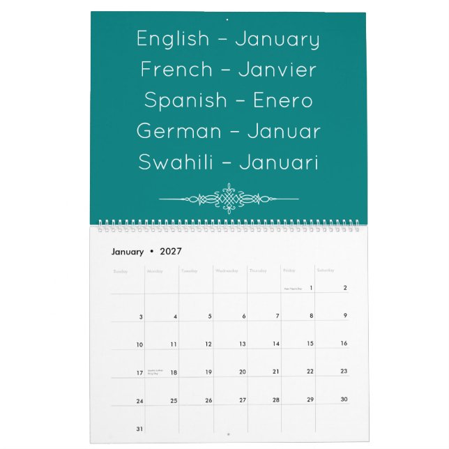 Calendrier multilingue sarcelle (Jan 2027)