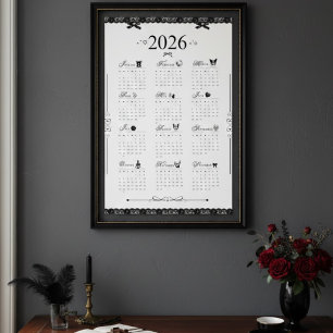 Calendrier mural 2026 Poster   Broderie noire esth
