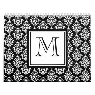 CALENDRIER MURAL DAMASSÉ NOIRE VINTAGE VOTRE MONOGRAMME