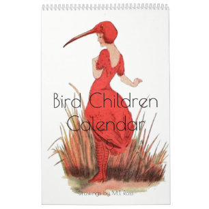 Calendrier Mural Enfants vintages mignons 5 d'oiseau de dessins