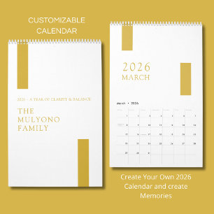 Calendrier mural minimaliste moderne 2026 en or