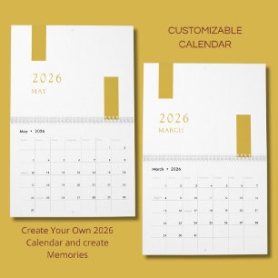 Calendrier mural minimaliste moderne 2026 en or