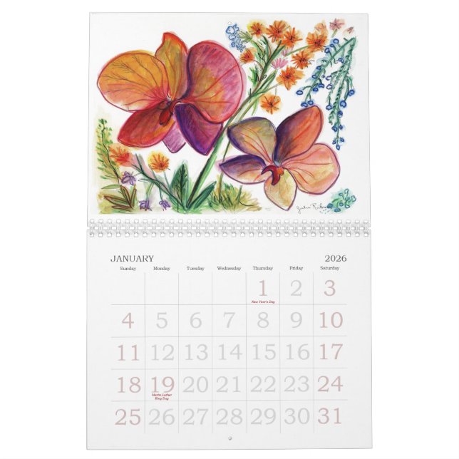 Calendrier Mural Nouvelles peintures oranges et pourpres de fleur (Jan 2026)