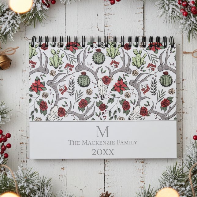 Calendrier Noël Floral renne Cerf Crâne Roses Cactus (Elegant Rustic Floral Reindeer Skull, Red Roses & Poinsettia Vintage Country Christmas Calendars )