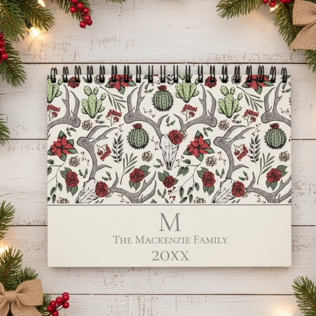 Calendrier Noël Floral renne Cerf Crâne Roses Cactus (Elegant Rustic Floral Reindeer Skull, Red Roses & Poinsettia Vintage Country Christmas Calendars )