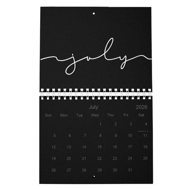 Calendrier Noir et blanc minimaliste 2026 (Jul 2026)