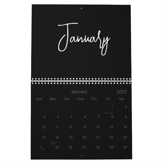 Calendrier Noir et blanc Minimaliste Simple Script Chaque ann (Jan 2027)