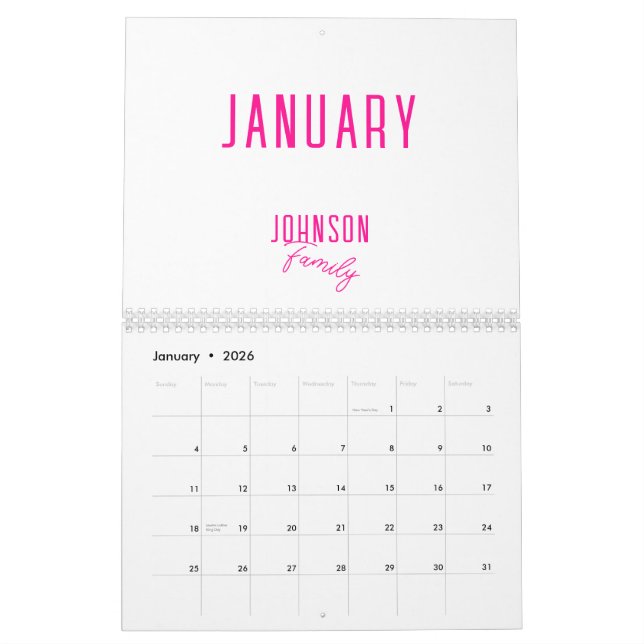Calendrier Nom de famille simple Hot rose (Jan 2026)