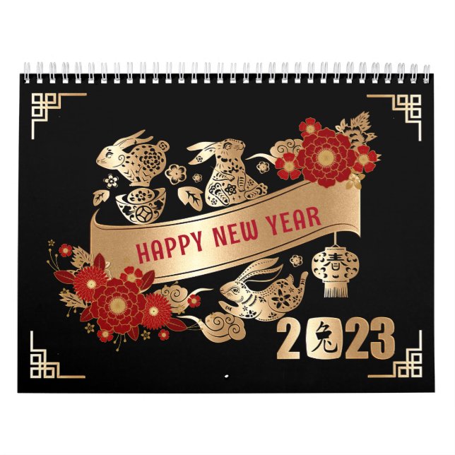 Calendrier Nouvel An chinois de lapin 2023 Black Gold Floral (Protection)