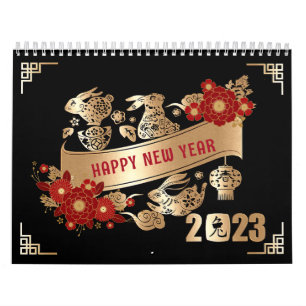 Calendrier Nouvel An chinois de lapin 2023 Black Gold Floral