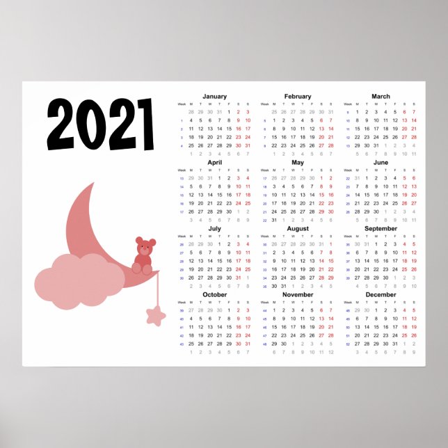 Calendrier Ourson 2021 Poster - Début lundi (Devant)
