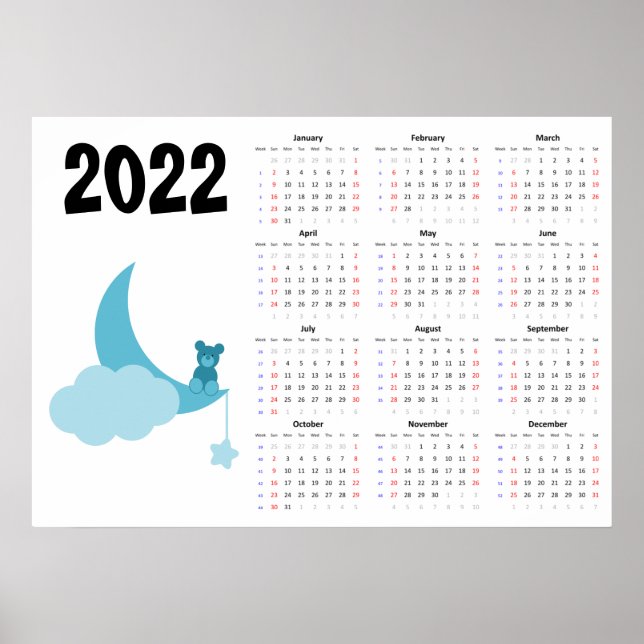 Calendrier Ourson 2022 Poster - Début le dimanche (Devant)