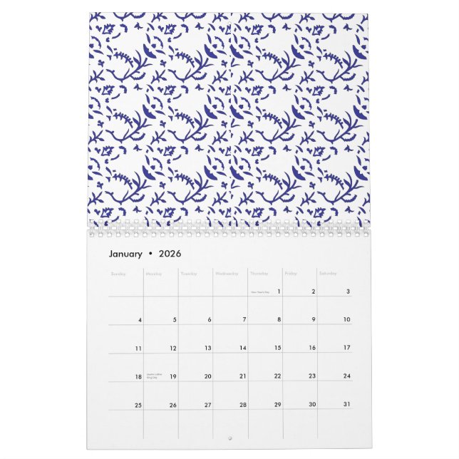 Calendrier Papier d'emballage bleu et blanc avec un graphique (Jan 2026)