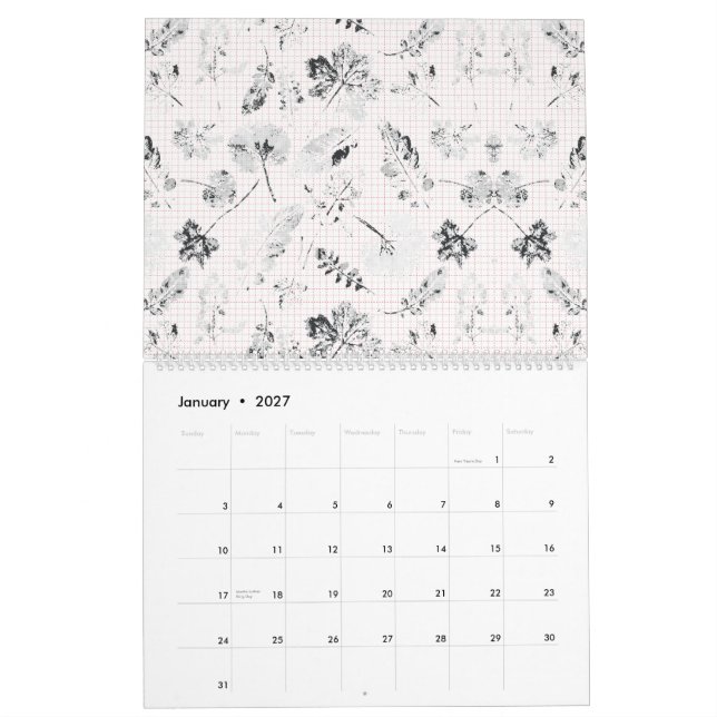 Calendrier Papier peint noir et blanc avec une belle feuille  (Jan 2027)