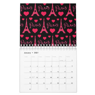 Calendrier Paris France Tour Eiffel Cœurs Roses Paillettes
