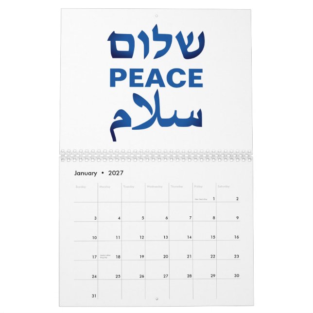 Calendrier Peace Shalom Salaam blanc & bleu typographie moder (Jan 2027)
