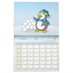 Calendrier Petit manchot avec des boules de neige agitant