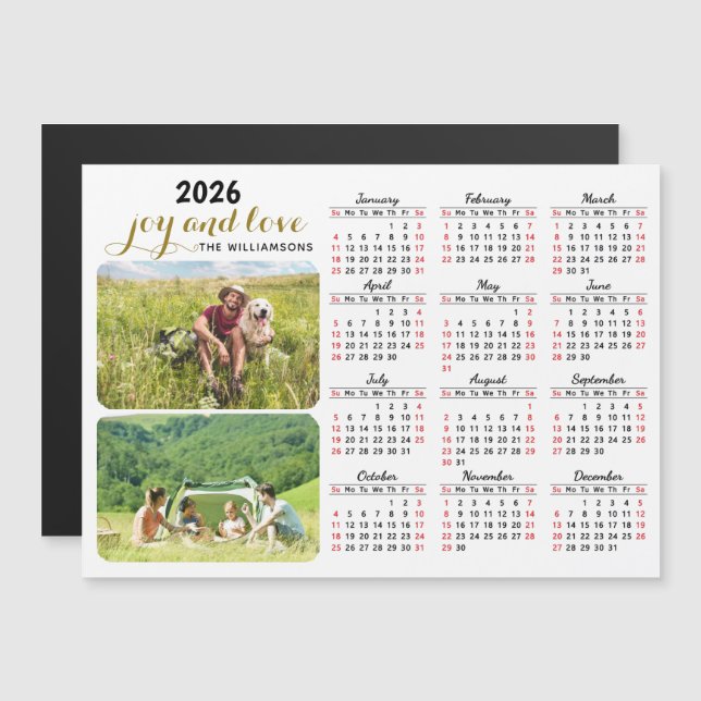 Calendrier photo 2026 Magnet blanc noir rouge pers (Devant / Derrière)
