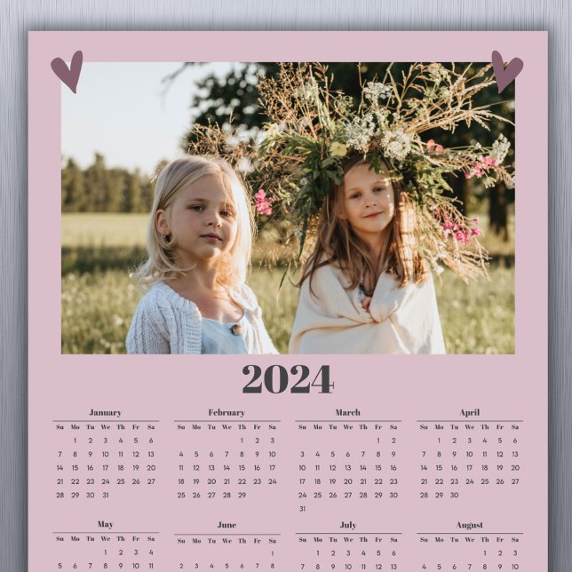 Calendrier photo de famille 2024 Magnet Pink (Simply add your family photo to customize. A short greeting or family name can be added with year.)