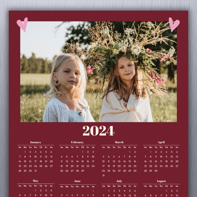 Calendrier photo de famille 2024 Magnet Red (Simply add your family photo to customize. A short greeting or family name can be added with year.)