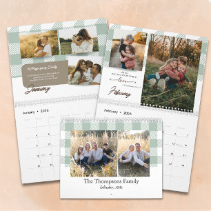 Calendrier Photo de famille à carreaux buffle vert sauge avec