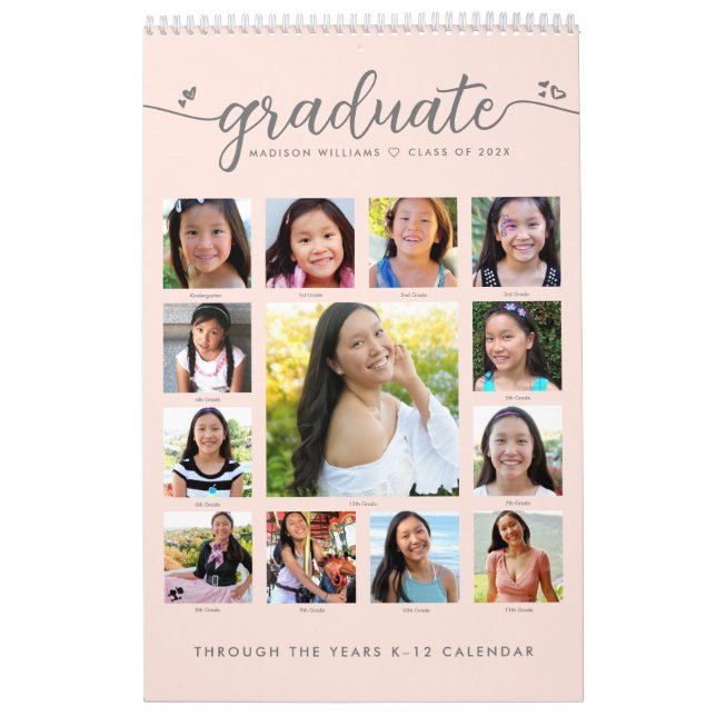 Calendrier Pink Graduation K-12 Script Photo Collage 15 Mois (Protection)
