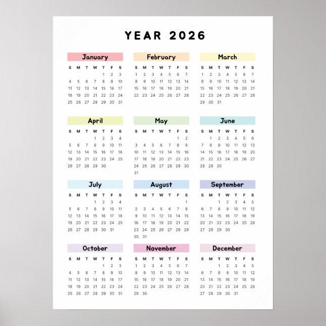 Calendrier Poster Minimaliste Arc-en-ciel 2026 (Devant)