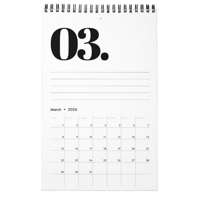 Calendrier Rétro minimaliste sans photo noir et blanc 2026 (Mar 2026)