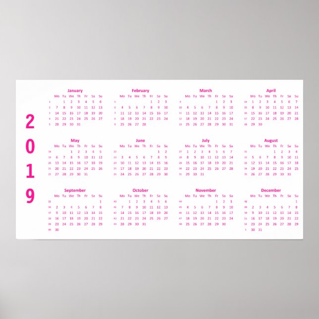 Calendrier Rose Chaud Minimaliste 2019 Poster (Devant)