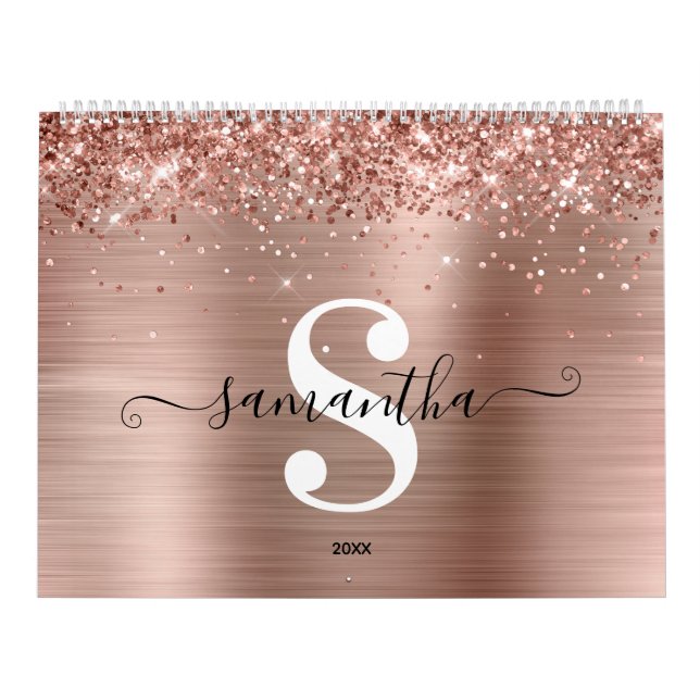 Calendrier Rose Glitter Gold Foil Signature Monogramme Photo (Protection)