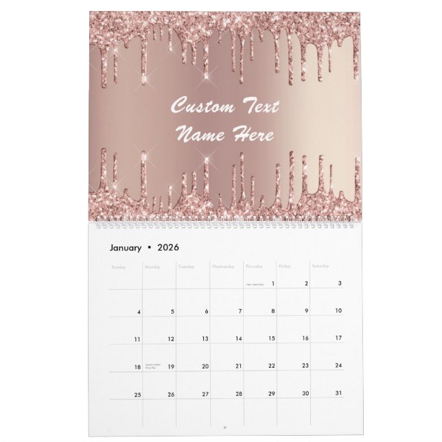 Calendrier Rose Gold Blush Parties scintillant Cadeau texte p (Jan 2026)