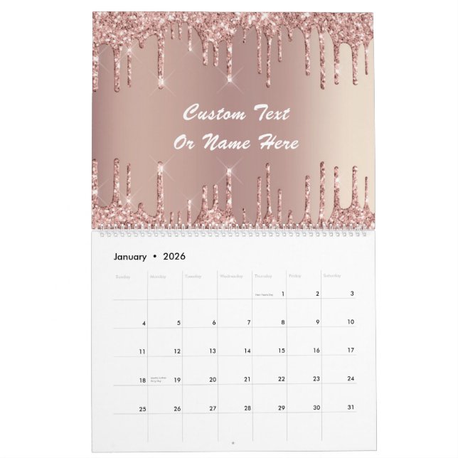 Calendrier Rose Gold Parties scintillant personnalisé Nom du  (Jan 2026)