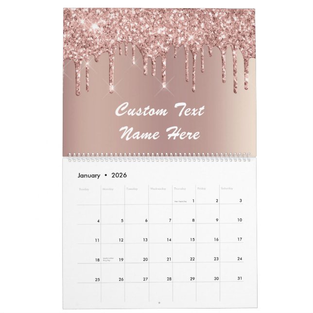 Calendrier Rose Gold Parties scintillant personnalisé Nom du  (Jan 2026)