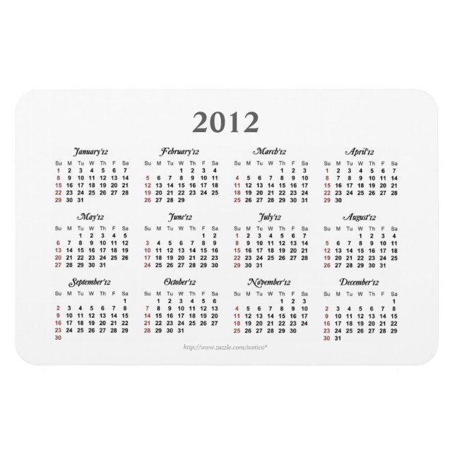 Calendrier simple 2012 Premium Magnet (Horizontal)