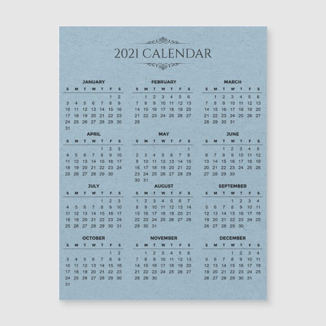 Calendrier simple 2021 sur papier bleu carte magné (Devant)