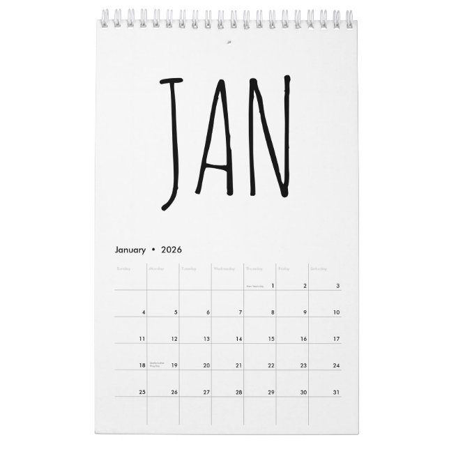 Calendrier Simple Black and White Script Writing 2026 (Jan 2026)