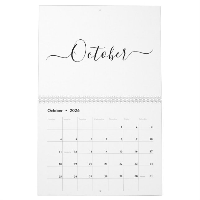 Calendrier Simple moderne blanc et noir script mois personnal (Oct 2026)