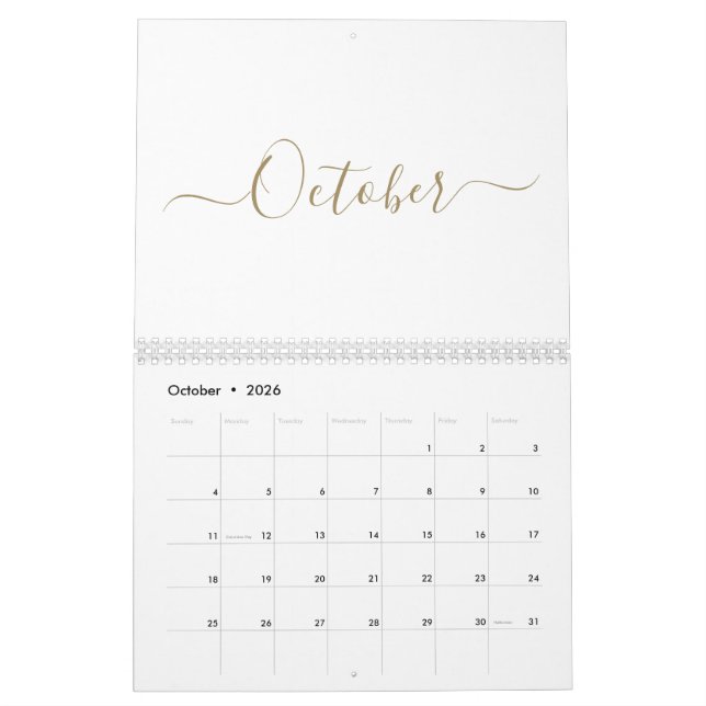Calendrier Simple moderne blanc et or script mois personnalis (Oct 2026)