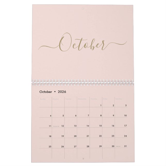Calendrier Simple moderne blush or rose script mois personnal (Oct 2026)
