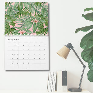 Calendrier Simple Moderne Rose Palmier Feuilles Tropicales Mu